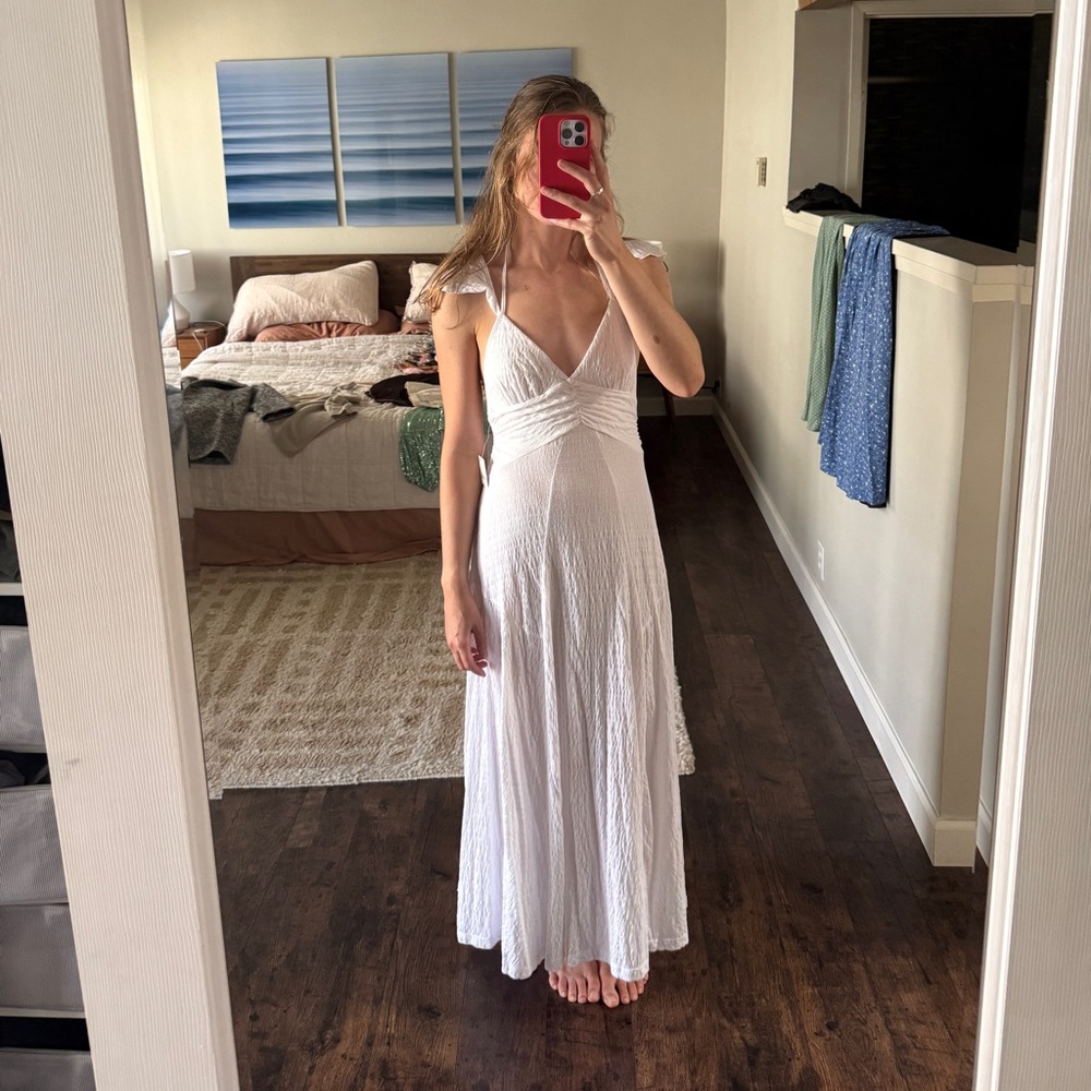 Free People Louisa Maxi 
White Maxi Dress with V-Neck and Tie Straps